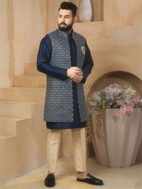 Blue Colour Designer Kurta Pajama Jacket In Imported Fabric