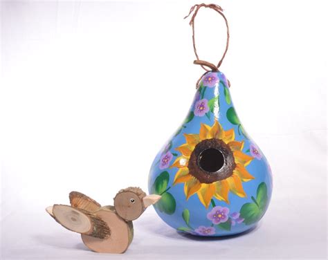 Hand Painted Gourd Birdhouse Sunflower And Summer Flowers Decorative