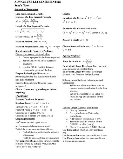 Grade 10 Math Notes Suzy Always Use Let Statements Suzy S Notes Analytical Geometry Line