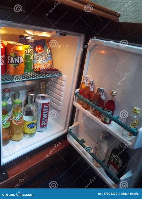 Mini Bar With Soft Drinks, Vodka, Wine And Beer In The Hotel Editorial ...