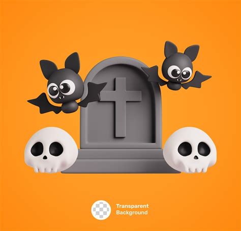 Cute dibujos animados feliz halloween 3d icono con lápida calavera y