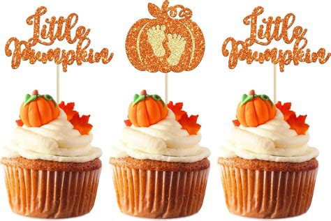 24pcs Little Pumpkin Cupcake Toppers Glitter Pumpkin