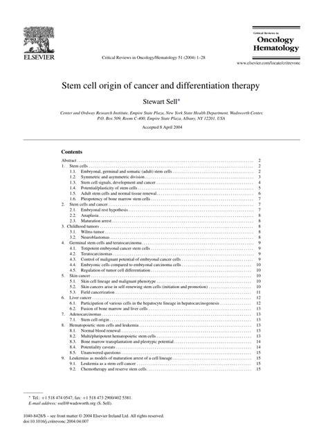 Pdf Sell Sstem Cell Origin Of Cancer And Differentiation Therapy