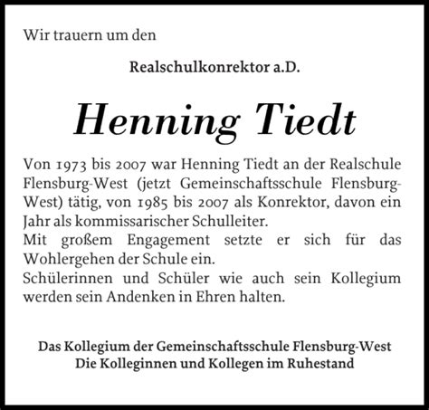 Traueranzeigen Von Henning Tiedt Sh Z Trauer