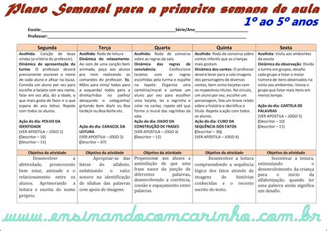 Plano semanal para a primeira semana de aula para turmas do 1º ao 5º