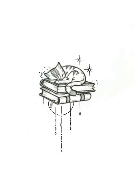 A Black And White Drawing Of A Cat Sleeping On Top Of A Stack Of Books