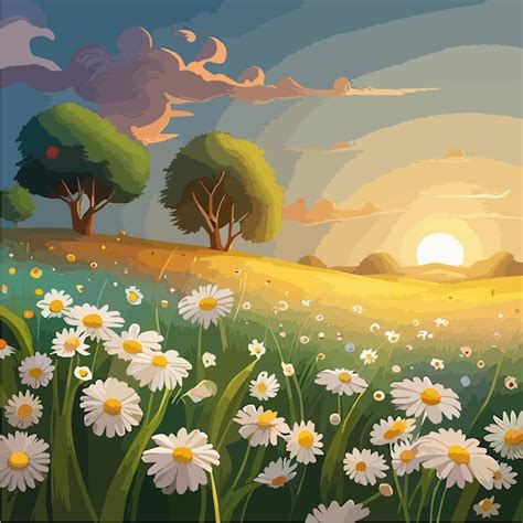 Premium Vector Spring Field Field Of Daisies Mountain Beauty Cloudy