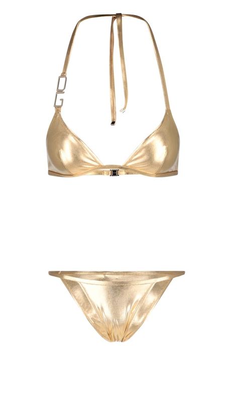 New Season Dolce Gabbana Logo Plaque Halterneck Bikini Set Gold