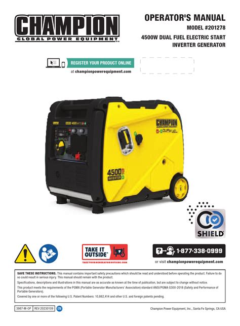 Champion 4500W Dual Fuel Electric Start Inverter Generator Operator S