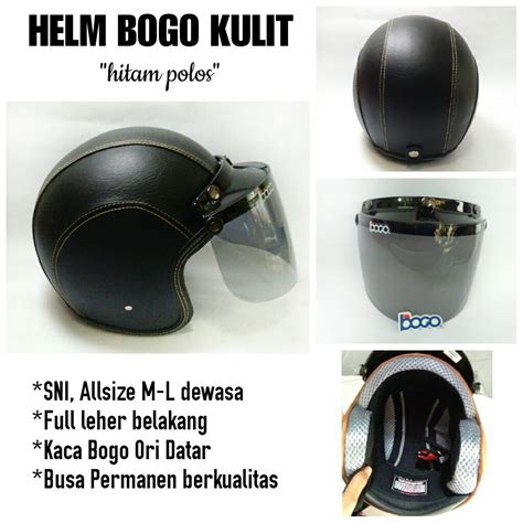 Jual Helm Bogo Retro Full Kulit Hitam Polos Kaca Bogo Ori Datar Hitam