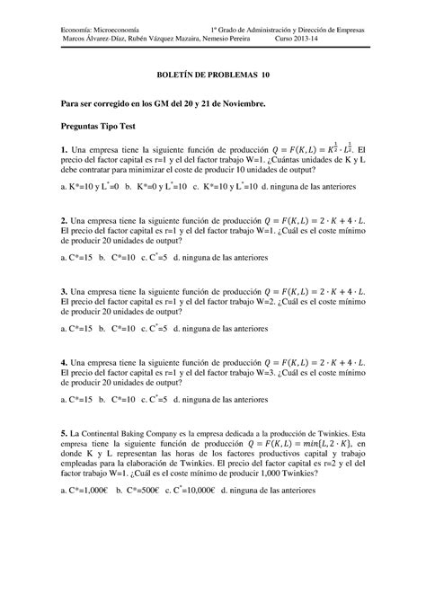 Boletin de Ejercicios 10 Economía Microeconomía 1º Grado de