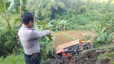 Melintas Terlalu Pinggir Truk Pengangkut Limbah Batu Bara Terguling Ke