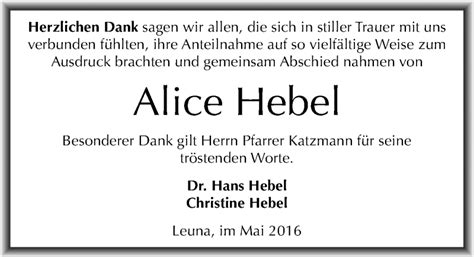 Traueranzeigen Von Alice Hebel Abschied Nehmen De