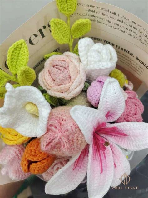 Crocheted Oriental Lily Bouquet Handmade Knitted Flowers Chill Décor