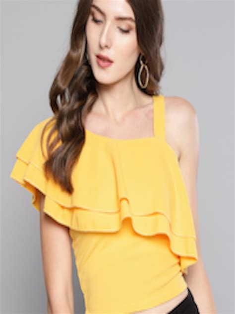 Buy Veni Vidi Vici Women Yellow Solid One Shoulder Layered Crop Top