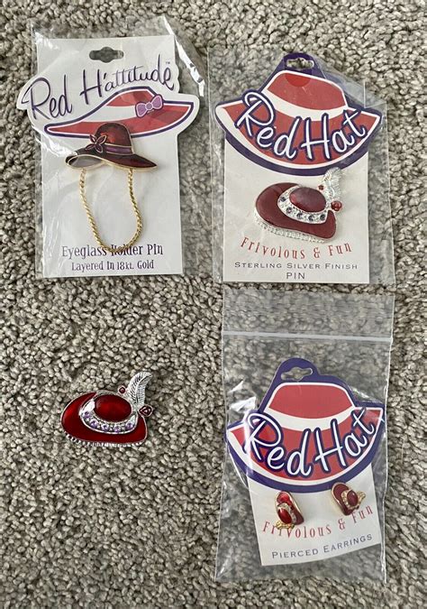 Lot Of Red Hat Society Jewelry Eyeglass Holder Pin Pierced Earrings