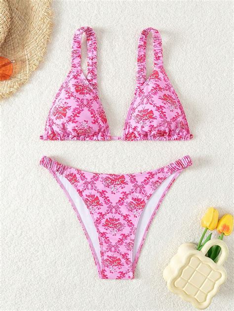 Shein Swim Bikini Set Mit Blume Muster Und Triangel Cups F R Strand