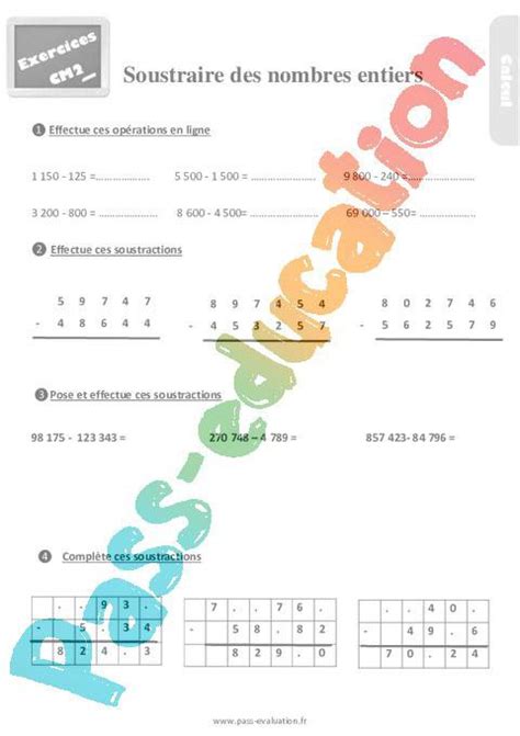 Bilan Pour Le Cm Sur La Soustraction Evaluation Avec Le Corrig