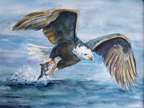 Original Bald Eagle Fishing On Mountain Lake Watercolor Painting