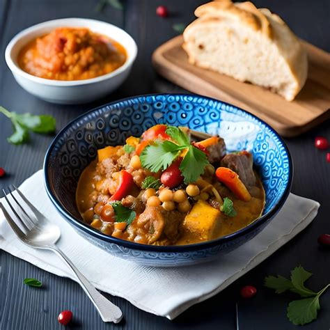 Premium Ai Image A Bowl Of Stew With Meat And Vegetables And A Bowl Of Bread