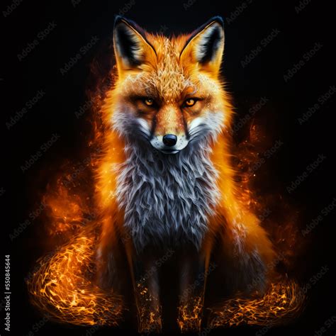 Magic Fox In Flames On Black Background Fire Kitsune On Black