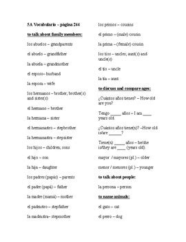 Realidades Chapter A Vocabulary List With Answer Key By Sra Mariposa