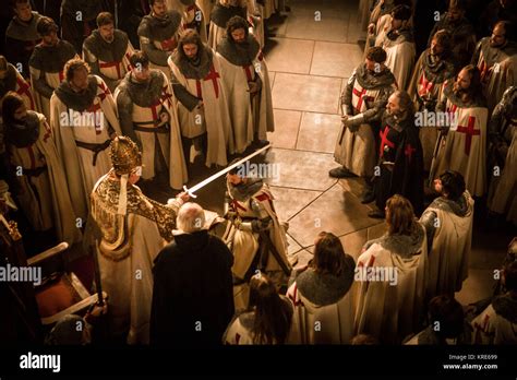 KNIGHTFALL, Jim Carter (as Pope Boniface VIII), Tom Cullen (kneeling, as Templar Knight Landry ...