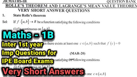 Inter St Year Maths B Rolle S Theorem Chapter Important