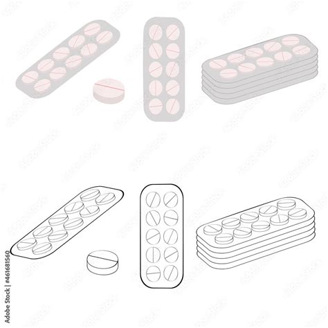 An Outline Vector Illustration Of Two Sets Of Pills And Piles Of Pill