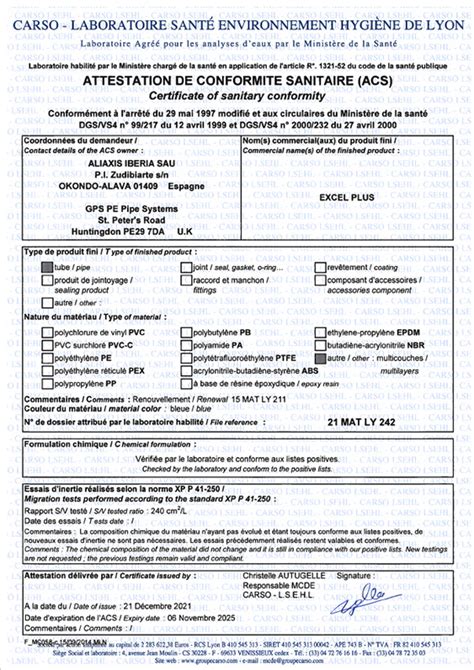 Attestation de conformité sanitaire ACS Tubes PE100 RCD Aliaxis