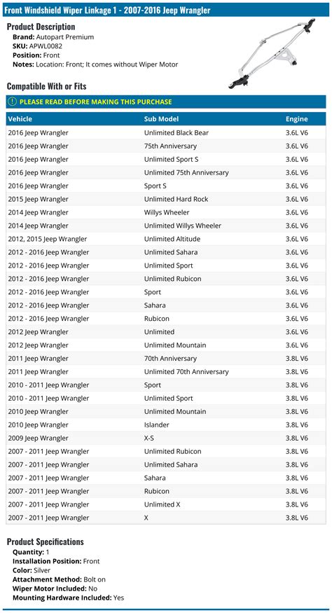 2007 2016 Jeep Wrangler Windshield Wiper Linkage Autopart Premium Apwl0082 Front