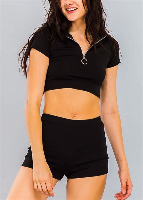 Black Zip Up Crop Top And Shorts 2 Pce Set Crop Top And Shorts Crop Tops Black Zip Ups