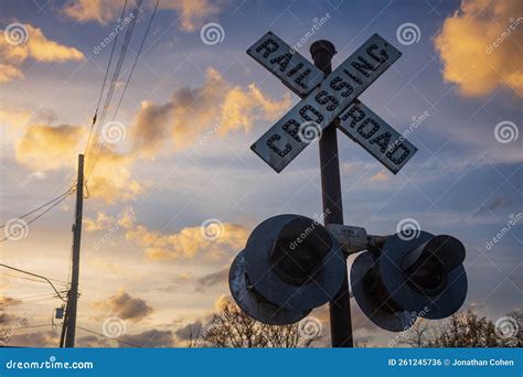 Old Railroad Crossing Sign At Dusk Stock Photo Image Of Landscape