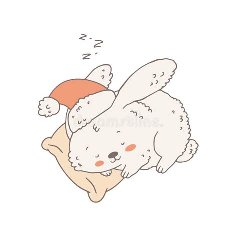 Cute Cartoon Rabbit Or Bunny In Santa Hat Sleeping On Pillow Doodle