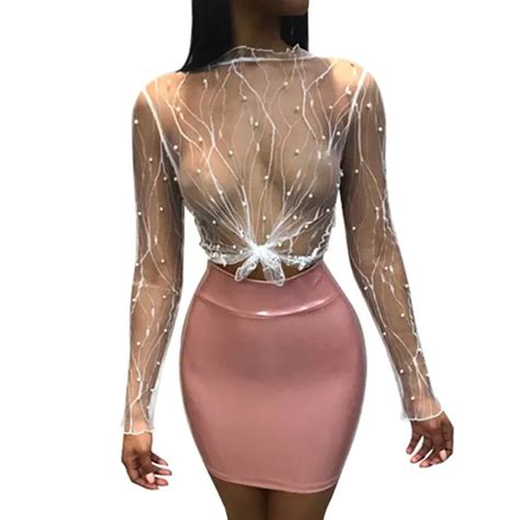 Sexy Clubwear See Through Mesh Summer Shirt Crop Top Fashion Beaded O