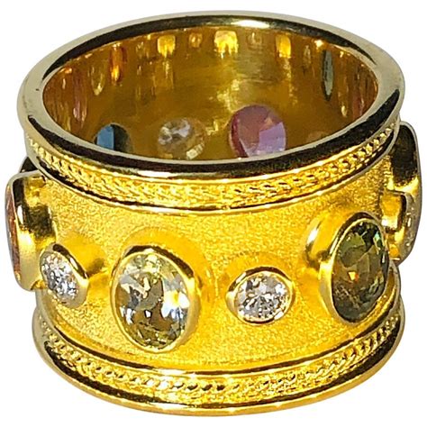 Georgios Collections 18 Karat Yellow Gold Diamond Multi Gemstone Wide Band Ring For Sale At 1stdibs