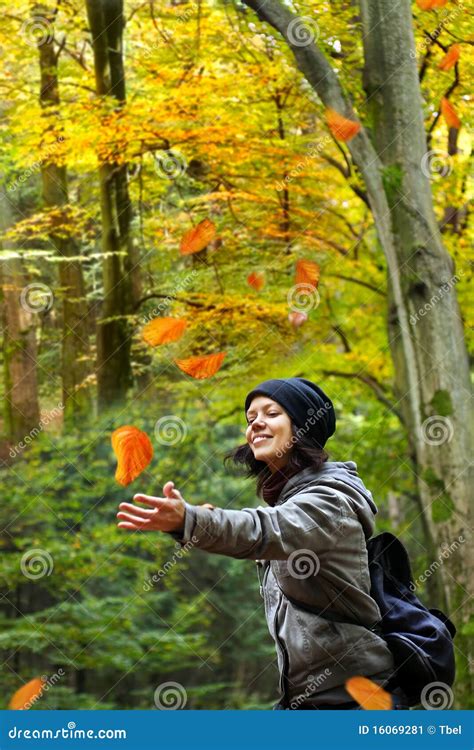 Woman Is Catching Falling Leaves Stock Image Image 16069281