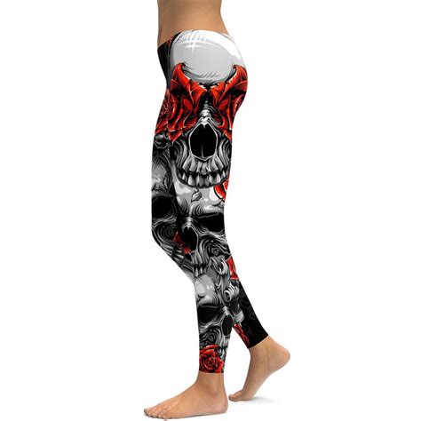 Womens Workout Yoga Skulls And Roses Leggings Black Red White