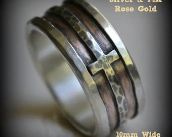 Mens Wedding Band Rustic Fine Silver Copper And Brass Cross Etsy