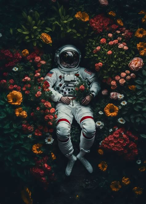 Astronaut Flowers Poster Picture Metal Print Paint By Sohail Rees