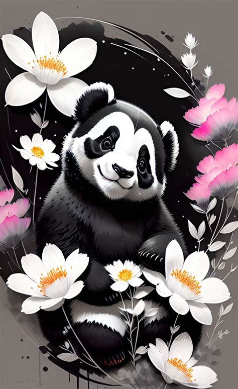 A Black And White Panda Bear Sitting In The Middle Of Flowers With Pink