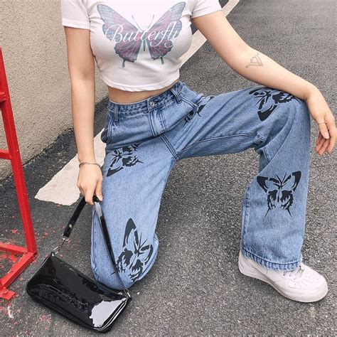 Y2k Aesthetic Butterfly Pattern Baggy Denim Pants Women Korean Etsy