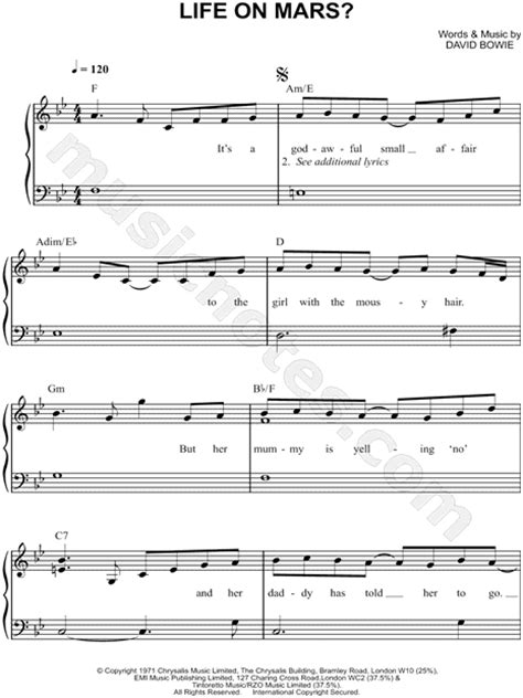 David Bowie "Life on Mars?" Sheet Music (Easy Piano) in Bb Major (transposable) - Download ...