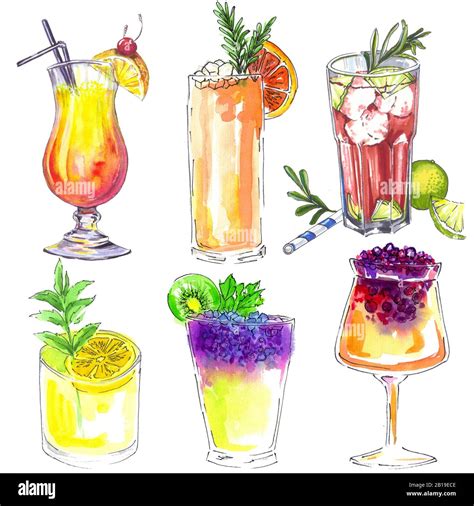 Set Of Diffrent Watercolor Cocktails Hand Drawn Stock Photo Alamy