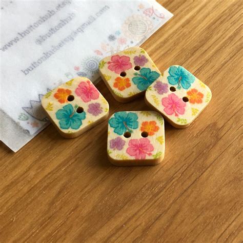 Square Floral Patterned Wooden Buttons Pack Of Buttons Etsy Uk