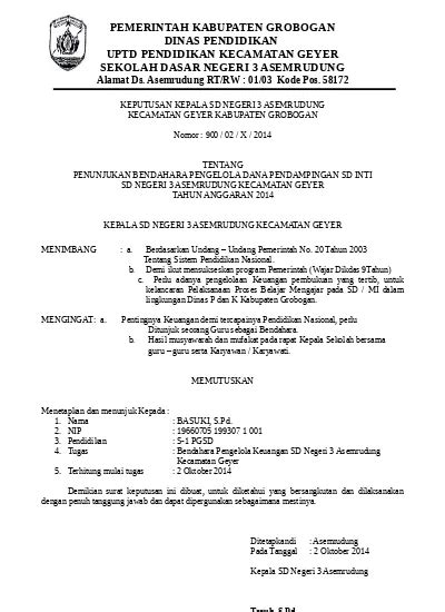 Contoh Sk Penunjukan Ketua Dan Bendahara Contoh Sk Bendahara Sekolah