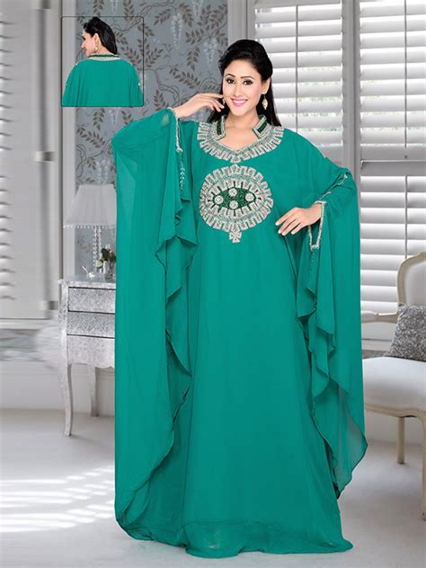 Teal Green Embroidered Faux Georgette Farasha Zakarto