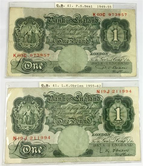 Two Old English One Pound Banknotes P.S Beale & L.K. Obrien