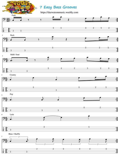 Beginner Bass Grooves Easy Bass Guitar Tab Sheet Music Free Pdf Video Tutorial Funk Rock