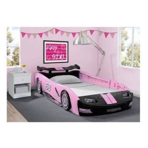 Girls Pink Race Car Bed Frame Twin Size Platform Plastic Kids Bedroom ...